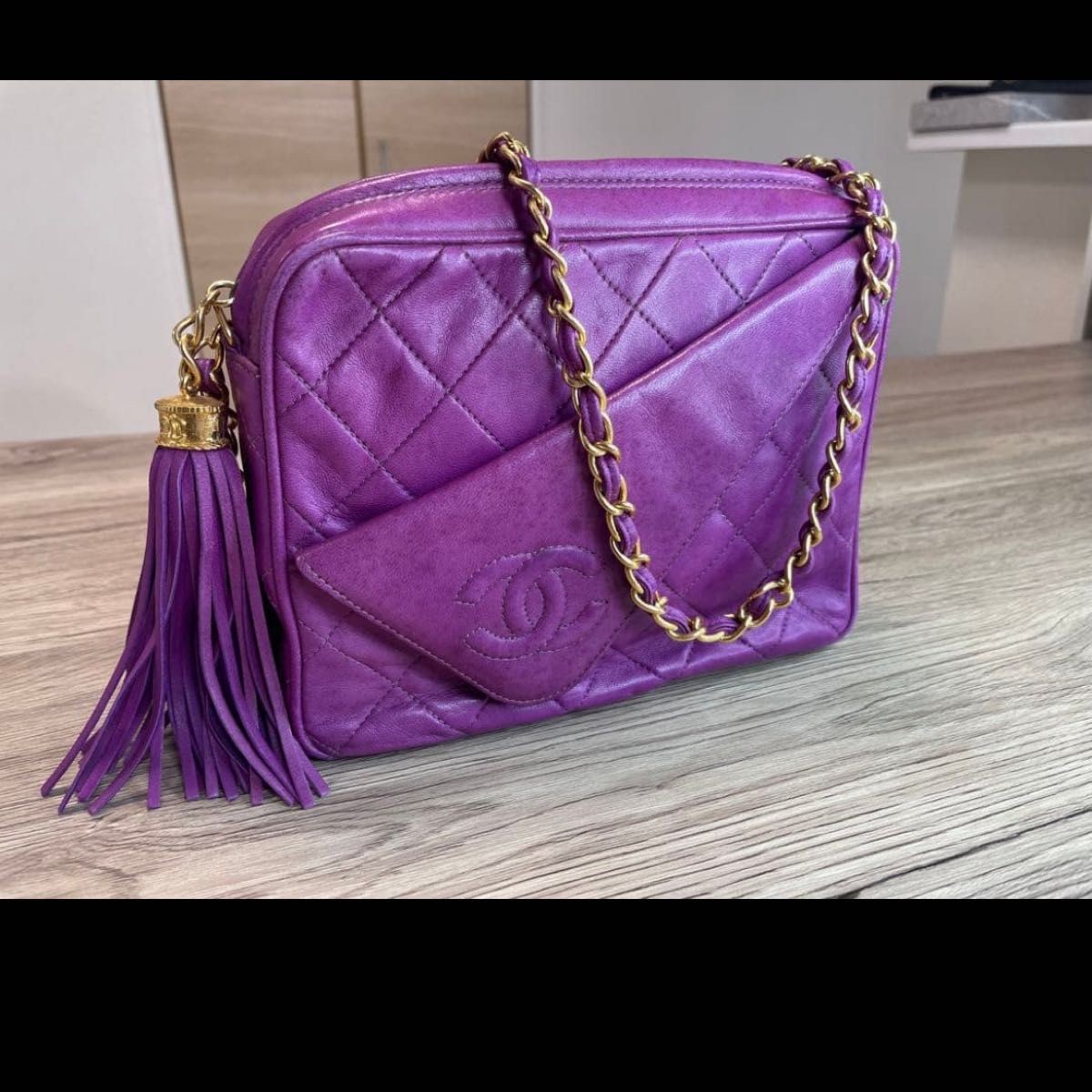 CHANEL Vintage Purple Lambskin Matelasse Tassel Chain Shoulder Bag