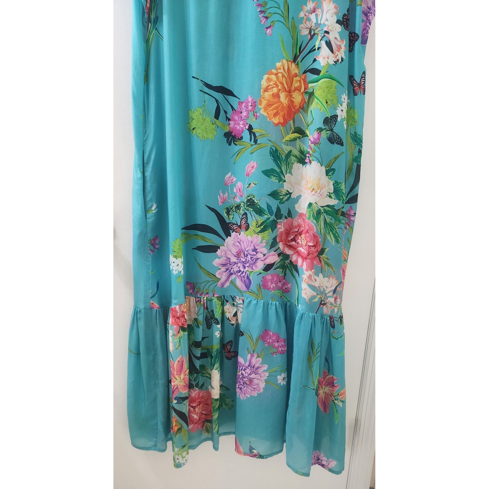 Johnny Was Turquoise Floral Butterfly Cupra Rayon Maxi Dress XL C31222A-4 Boho