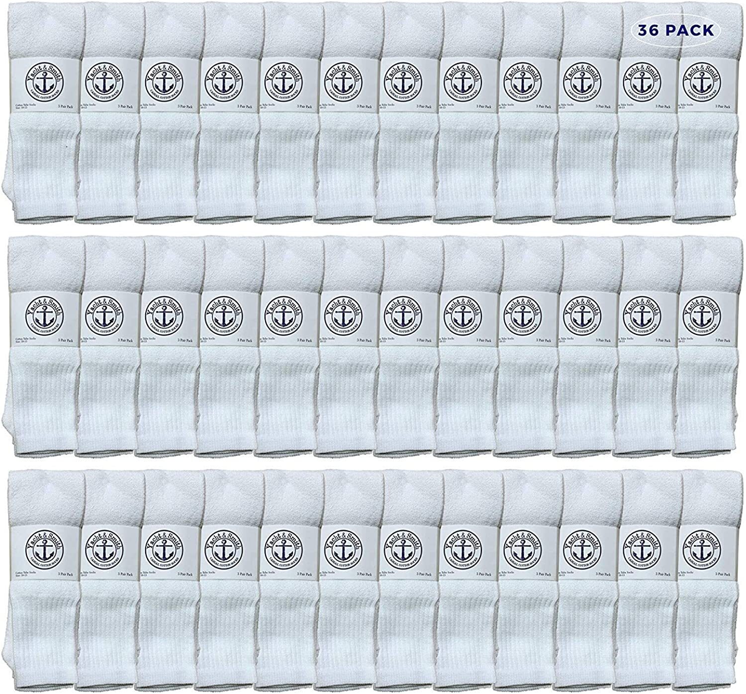 36 Pairs Of Yacht & Smith Men’s Long Cotton Sport Tube Socks, Size 10-13