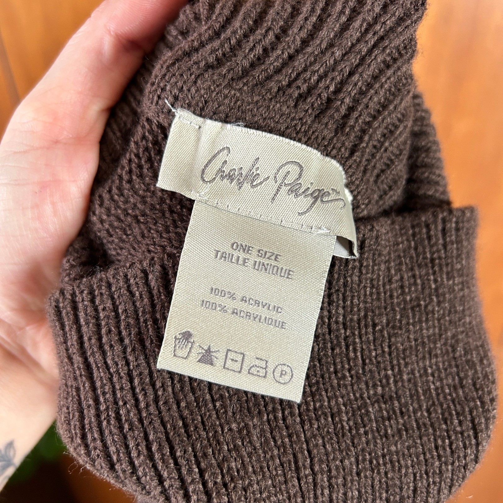 Charlie Paige Brown Cable Knit Turtleneck Asymmetrical Poncho Wrap One Size