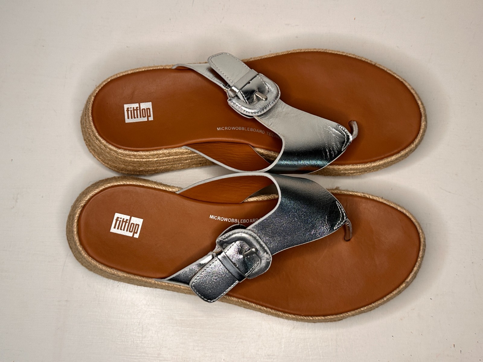 FitFlop F-Mode Silver T Strap Espadrille Toning Sandals Women Size 10
