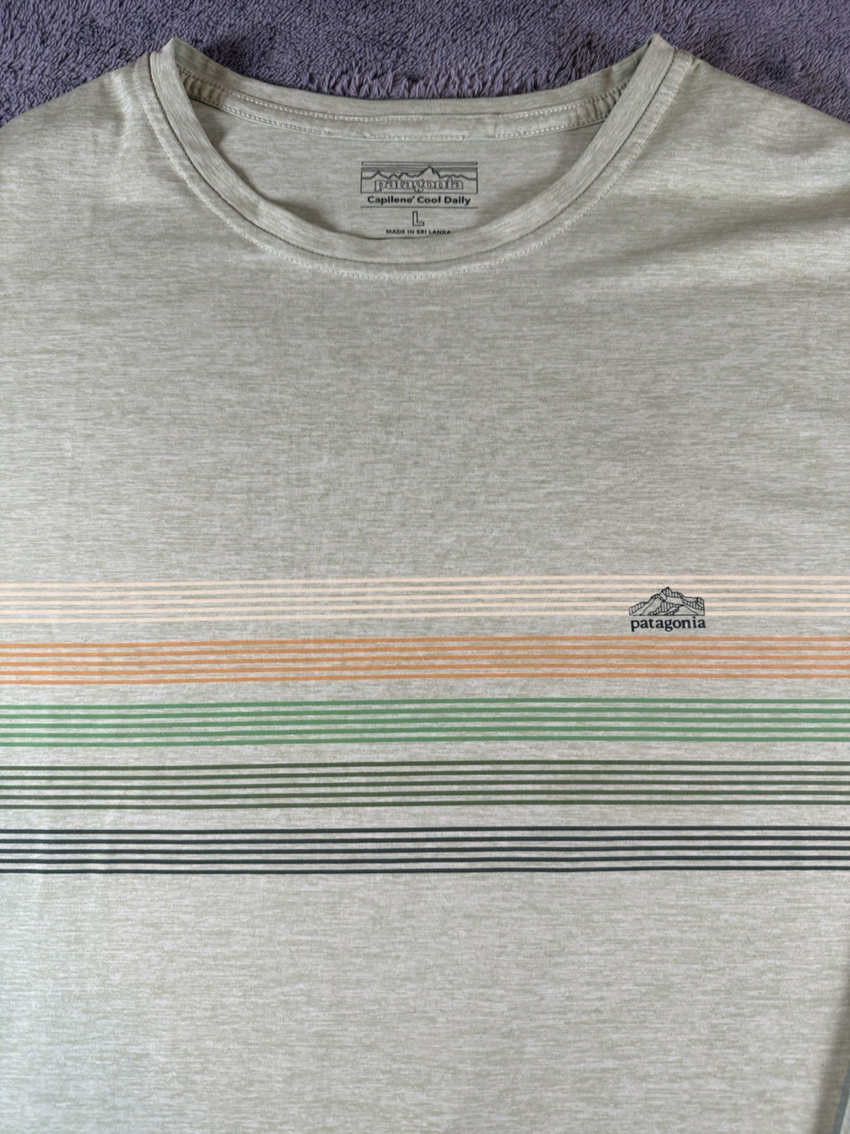 Patagonia Capilene Cool Daily Lightweight Crewneck Striped Logo L Green