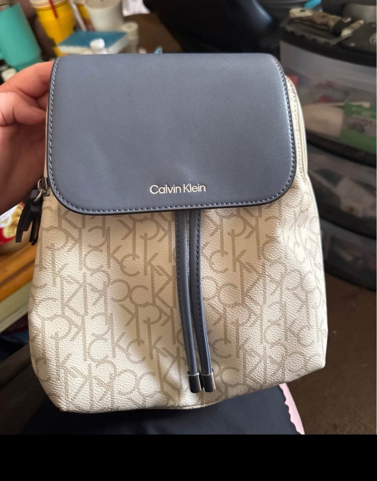 Calvin Klein Monogram Backpack Beige/Blue Zip & Magnetic Flap, Inner Pockets
