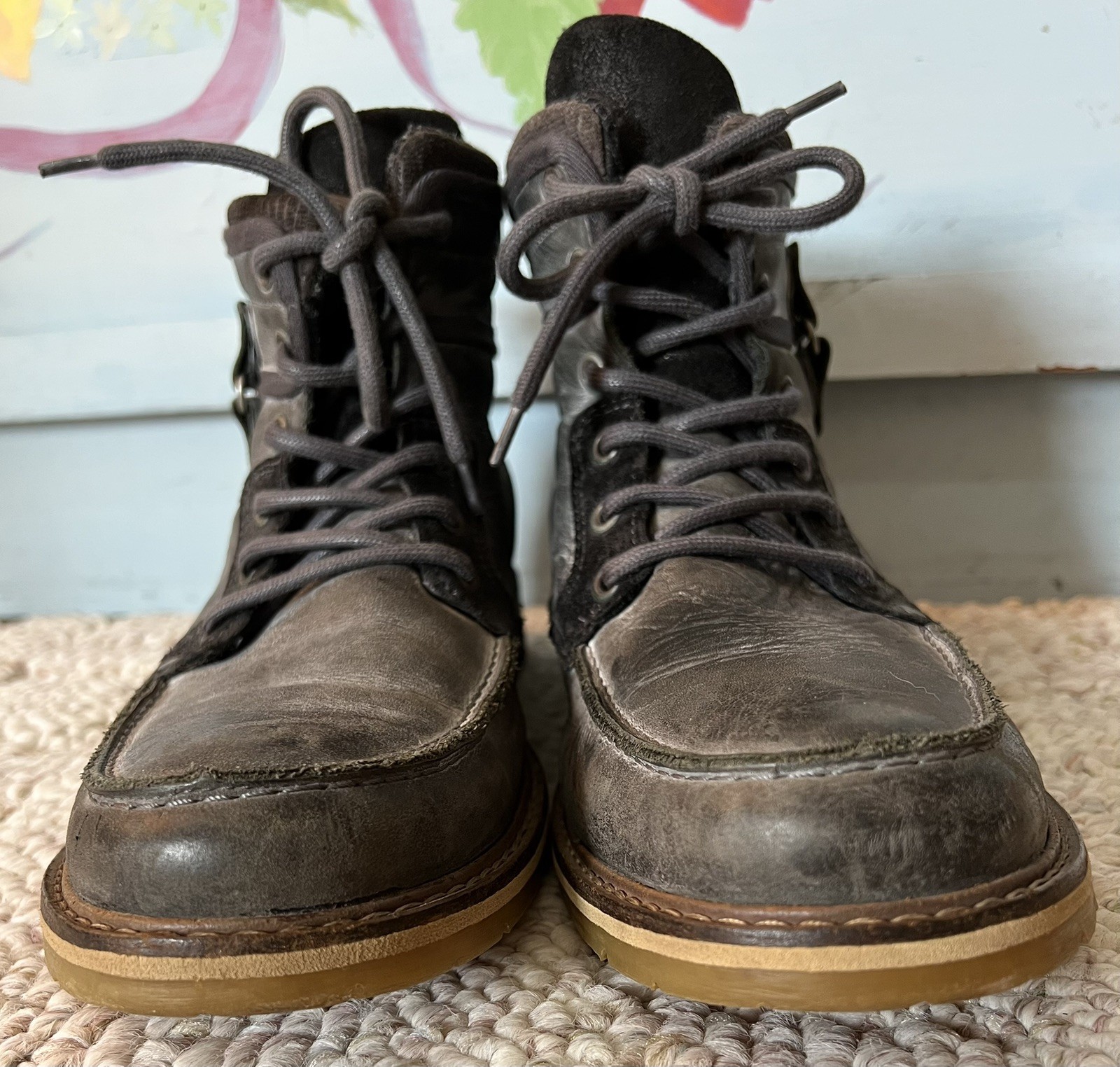 Steve Madden Mens Art Name New Guy Gray Leather Boots Sz US 11 EUR 44 Distressed