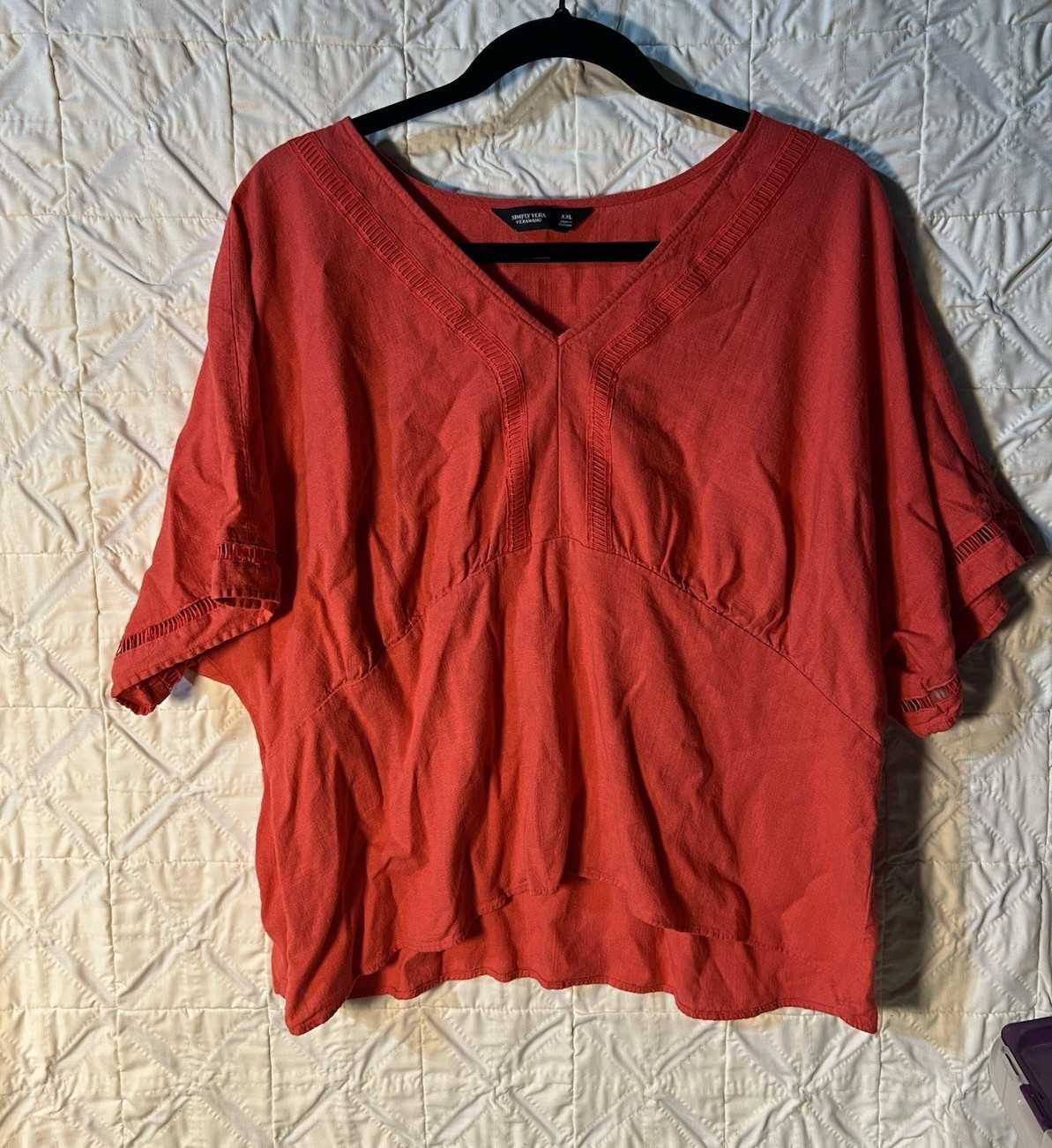 Simply Vera Vera Wang Coral Linen Blend Blouse XXL V Neck Short Sleeve Boho Top