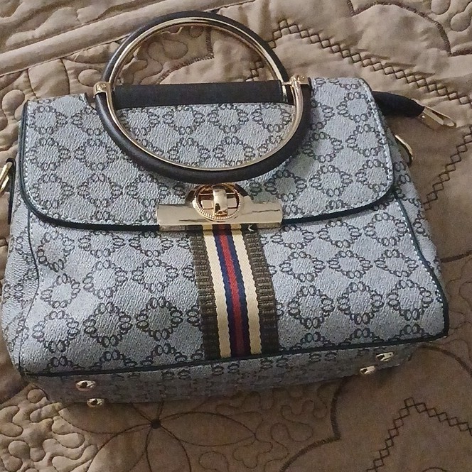 Women’s Gray Geometric Satchel Top Handle Turn Lock Zip Detachable Strap Gold