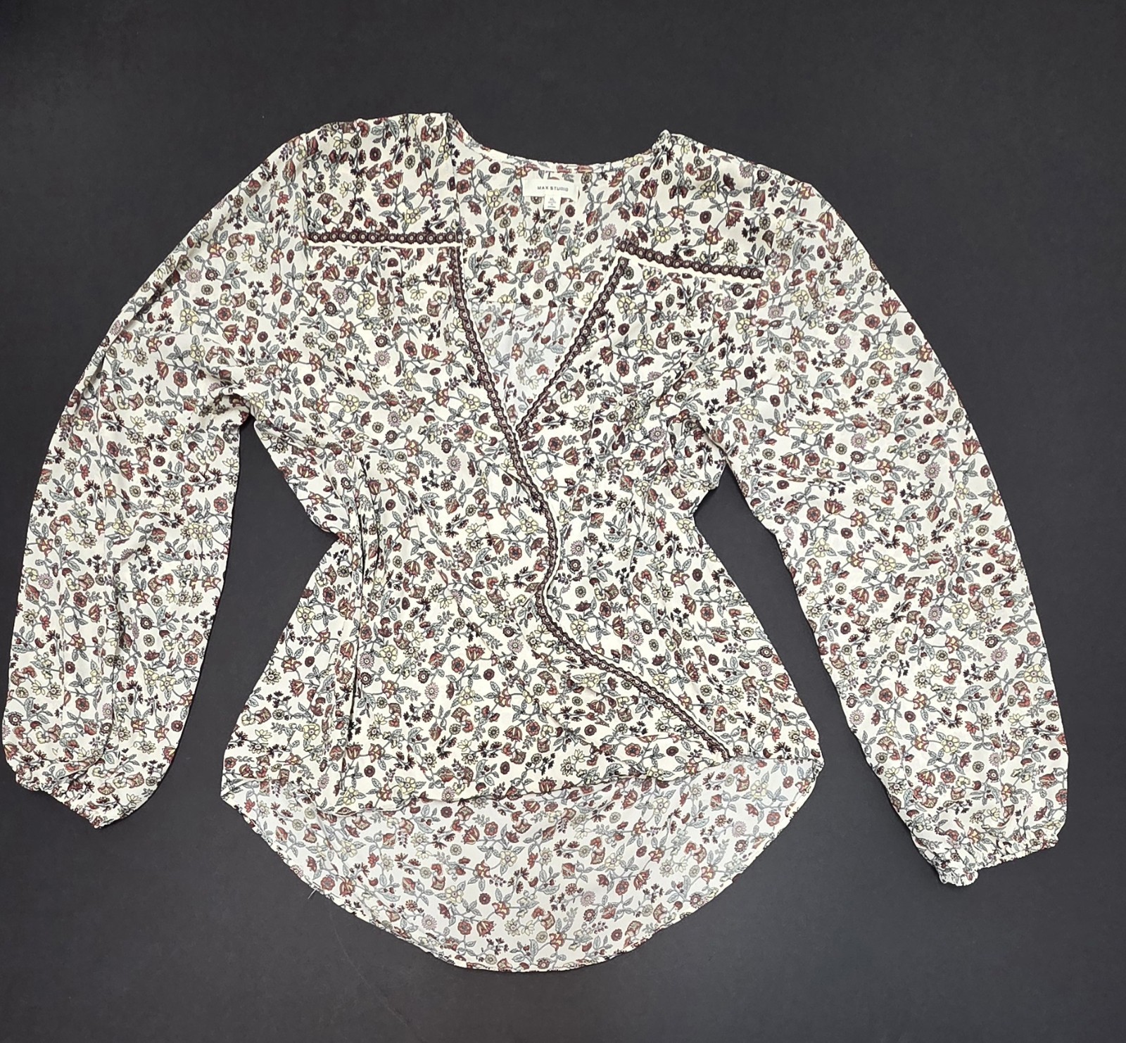 Max Studio Cottagecore Floral Wrap Blouse Long Sleeve Hi-Low Flowy Peasant – XL