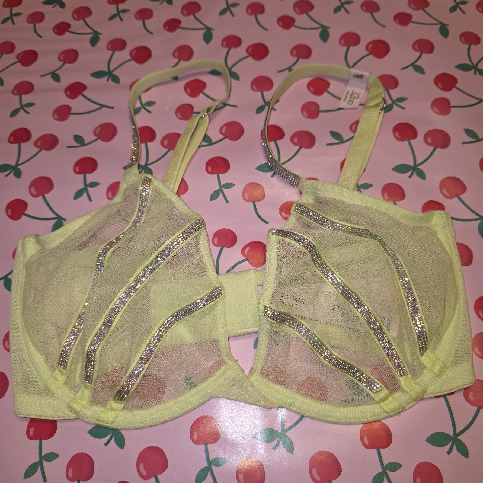 Victoria’s Secret Unlined Mesh Rhinestone Bra Sexy Neon Yellow 32DD