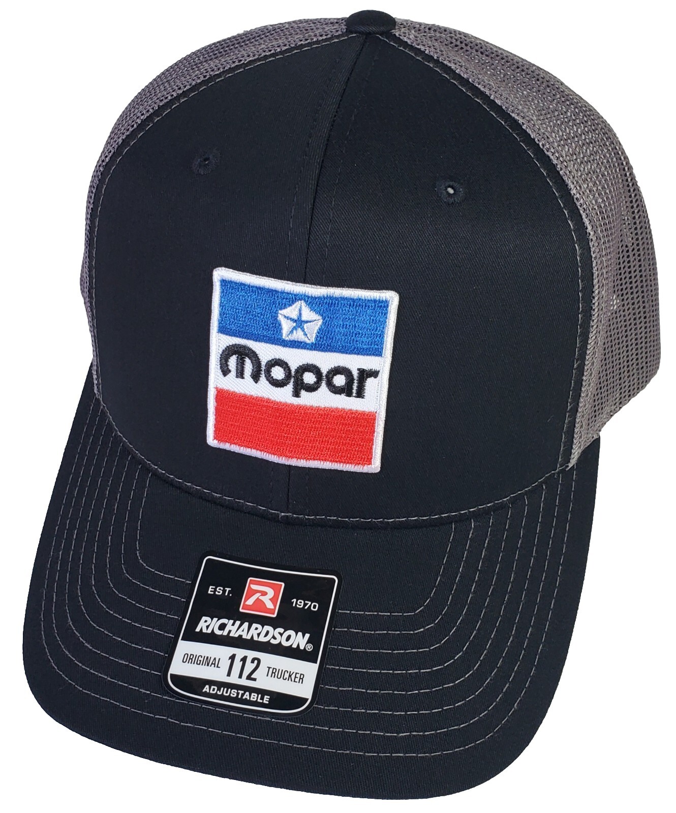 Mopar Embroidered Patch on Richardson 112 Trucker Hat Snapback Black/Charcoal