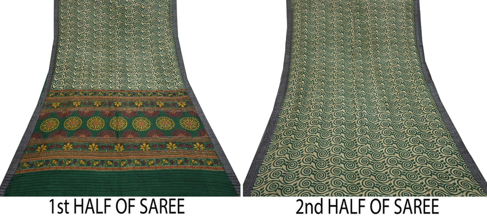 Vintage Beige Green Wool Saree Indian Pure Wool Floral Woven Fabric 6 Yard Soft