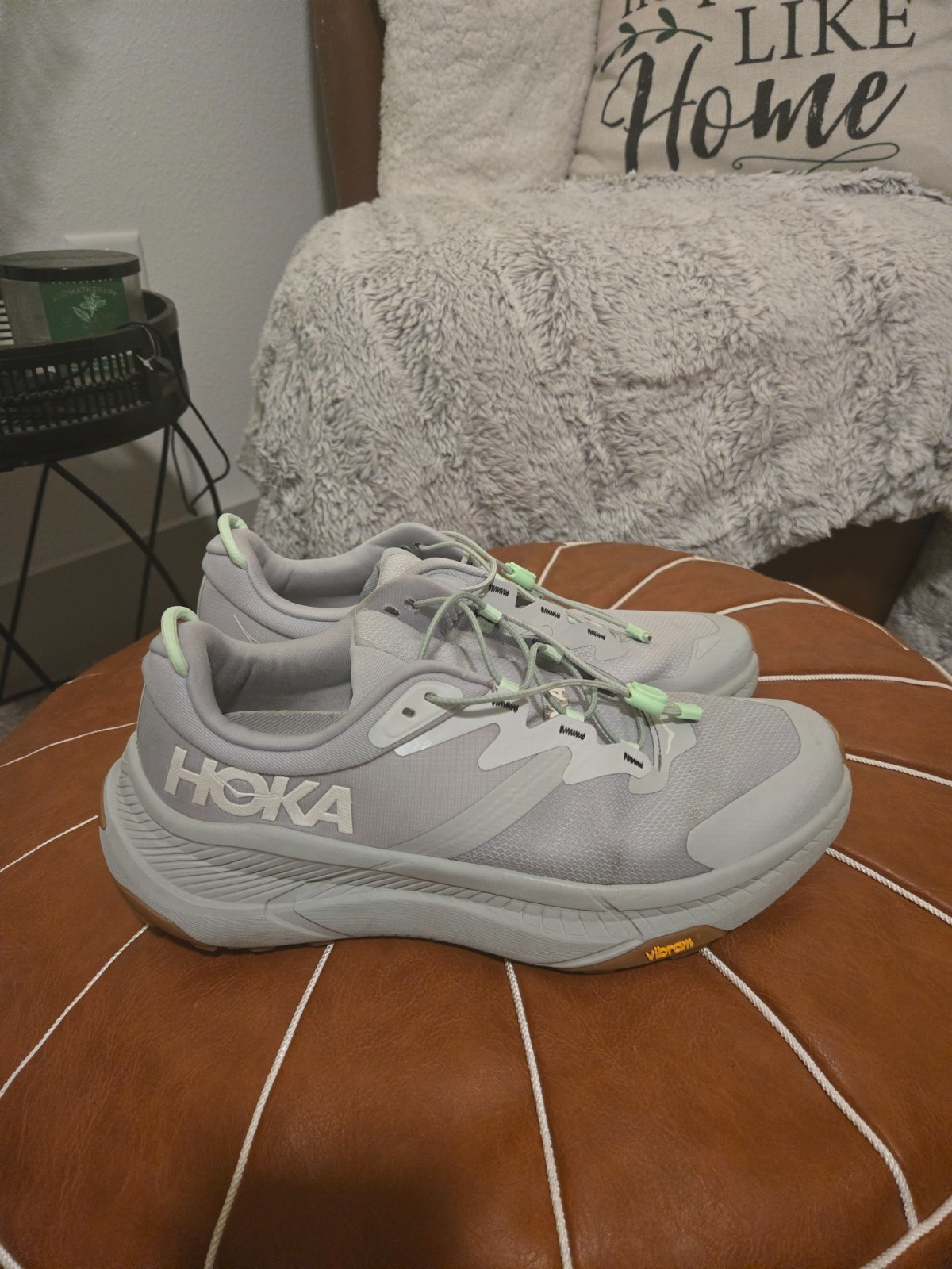 Hoka Transport Men’s 10B Harbor Mist Lime Glow Vibram 1123153 Walking Shoes