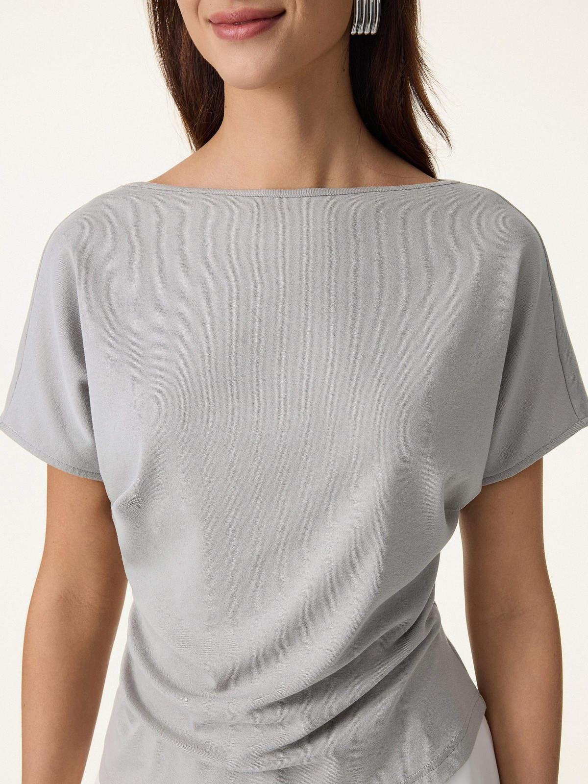 OGL Cotton Lyocell Boatneck Angled Tee Women Summer Casual Top