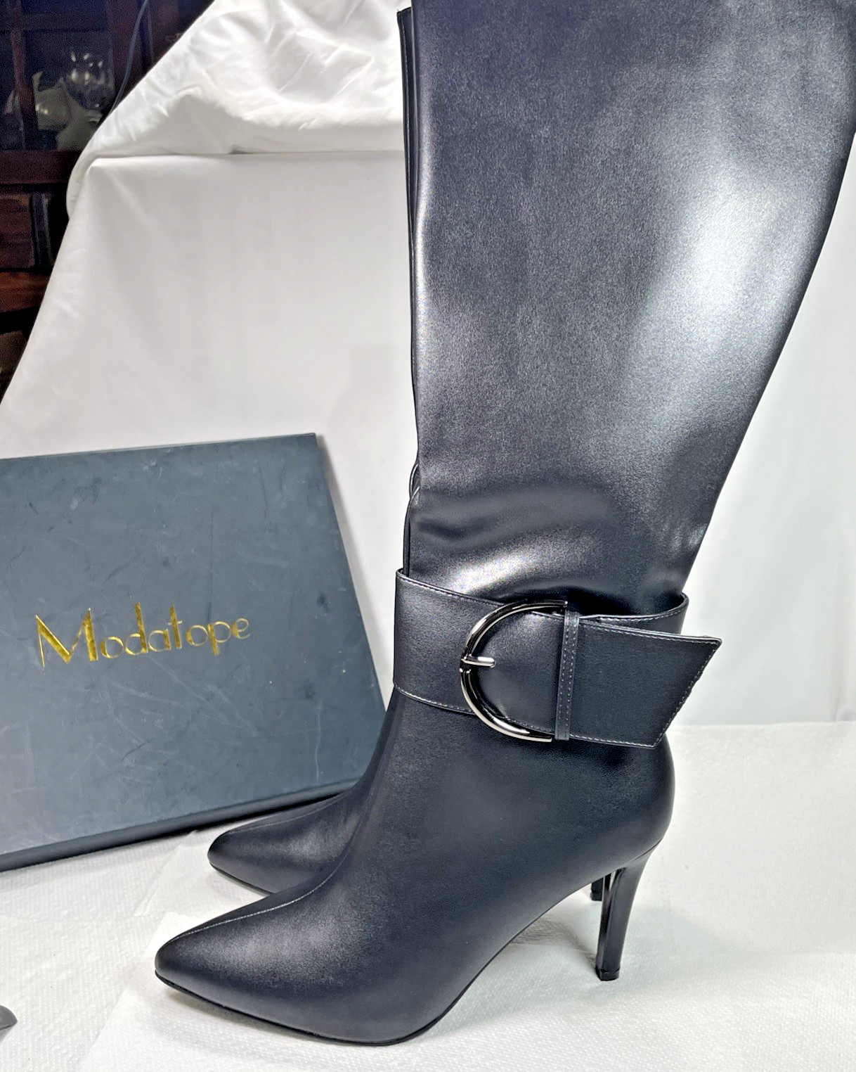 Modatope Knee High Boots Womens 9.5 Black Faux Leather Pointed Toe NEW