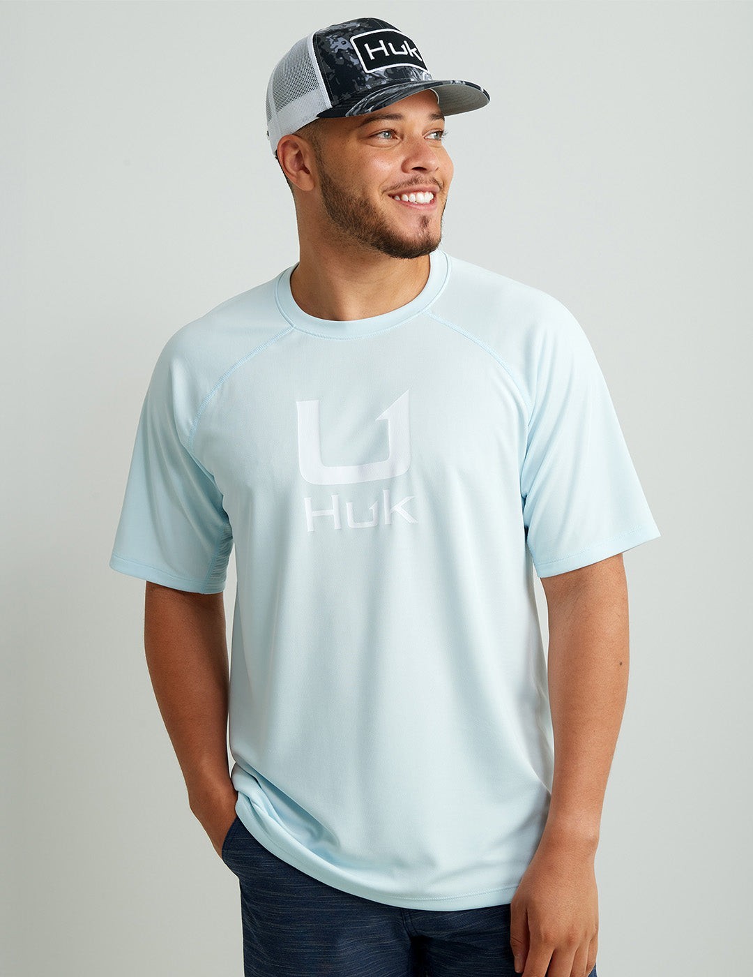NEW HUK Shirt Mens XL Icon Crew Short Sleeve Light Blue Performance Fishing Sun