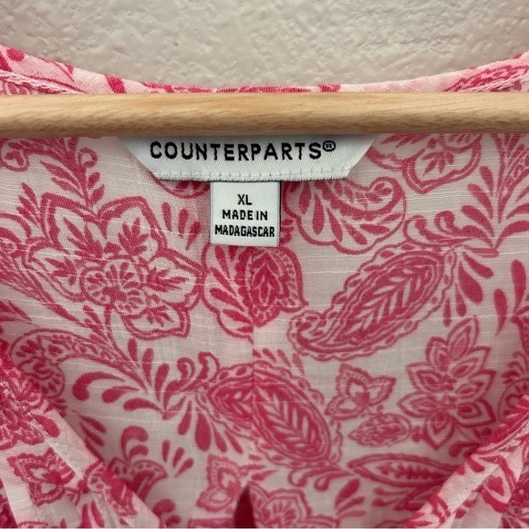 Counterparts Blouse Womens XL Pink Paisley Floral Pintuck V-Neck 3/4 Sleeve