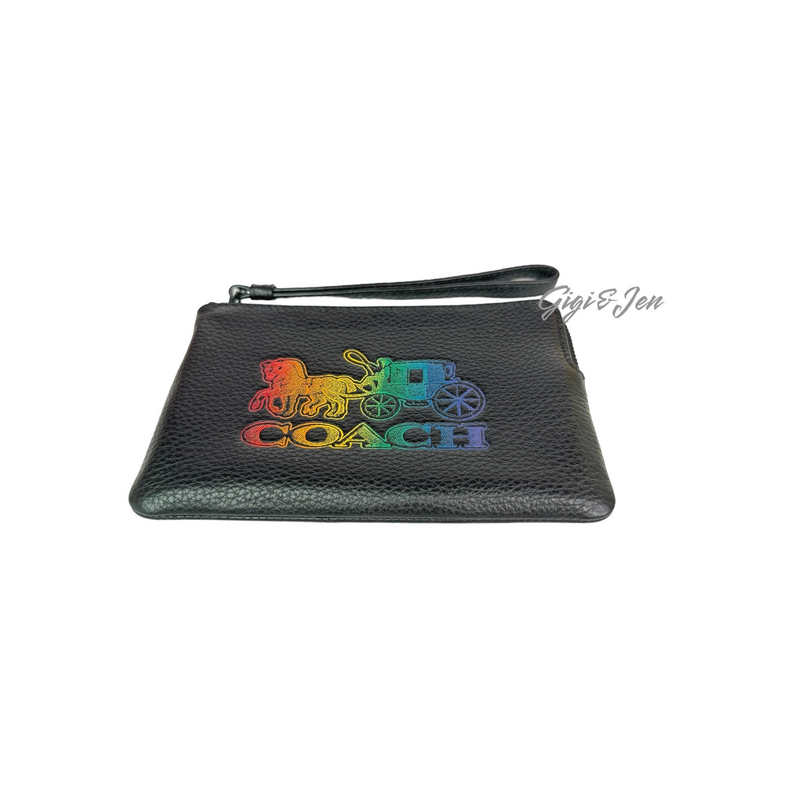 Coach Corner Zip Horse & Carriage Wristlet Black Multi New