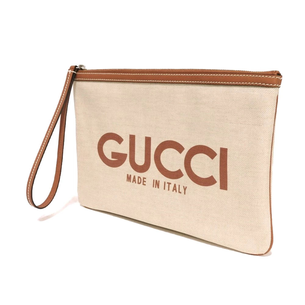 Gucci Clutch Bag Logo Print Pouch Canvas Brown GG Supreme Cotton Linen Natural