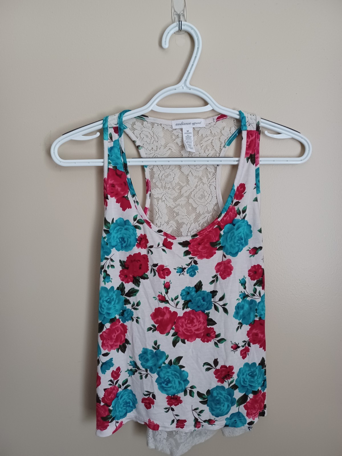 Women’s Size Medium Ambiance Apparel White Multicolor Floral Lace Tank Top Shirt