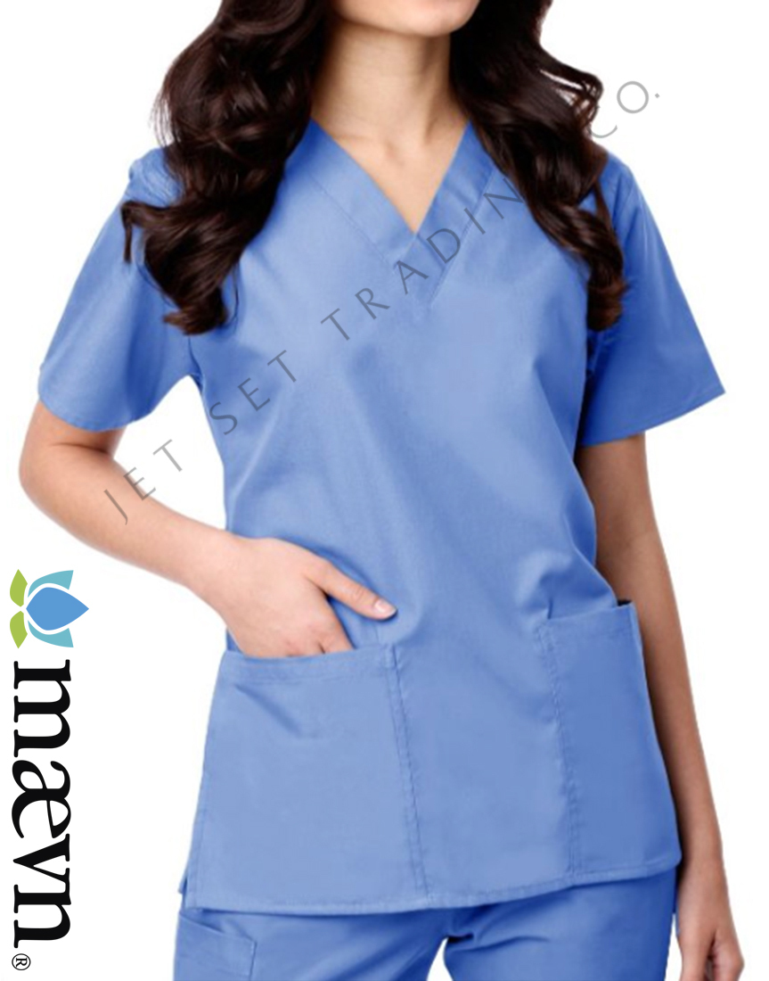 Maevn Women’s Ceil Blue Scrub Set 2 Pocket Top Flare Leg Pants Sizes 2XS to 2XL