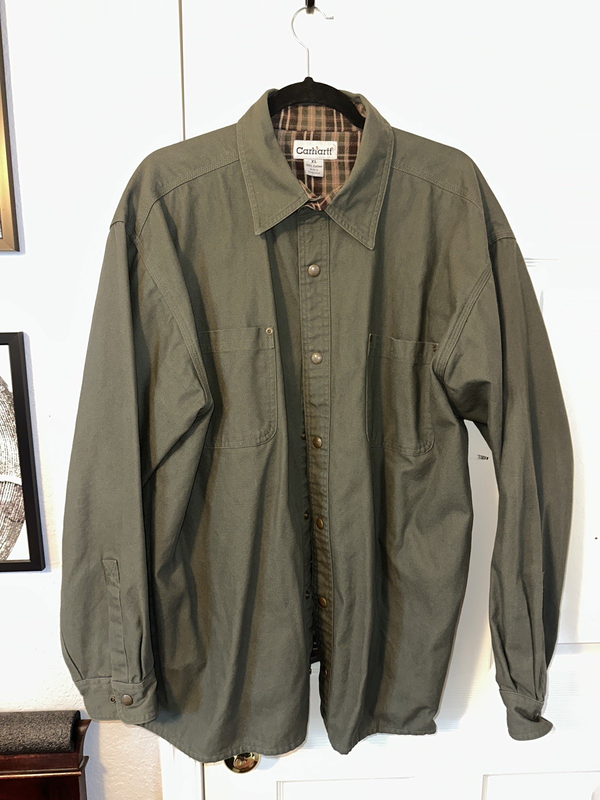 Vintage Carhartt Mens XL Flannel Lined Canvas Shirt Jacket Shacket Green Plaid⁠