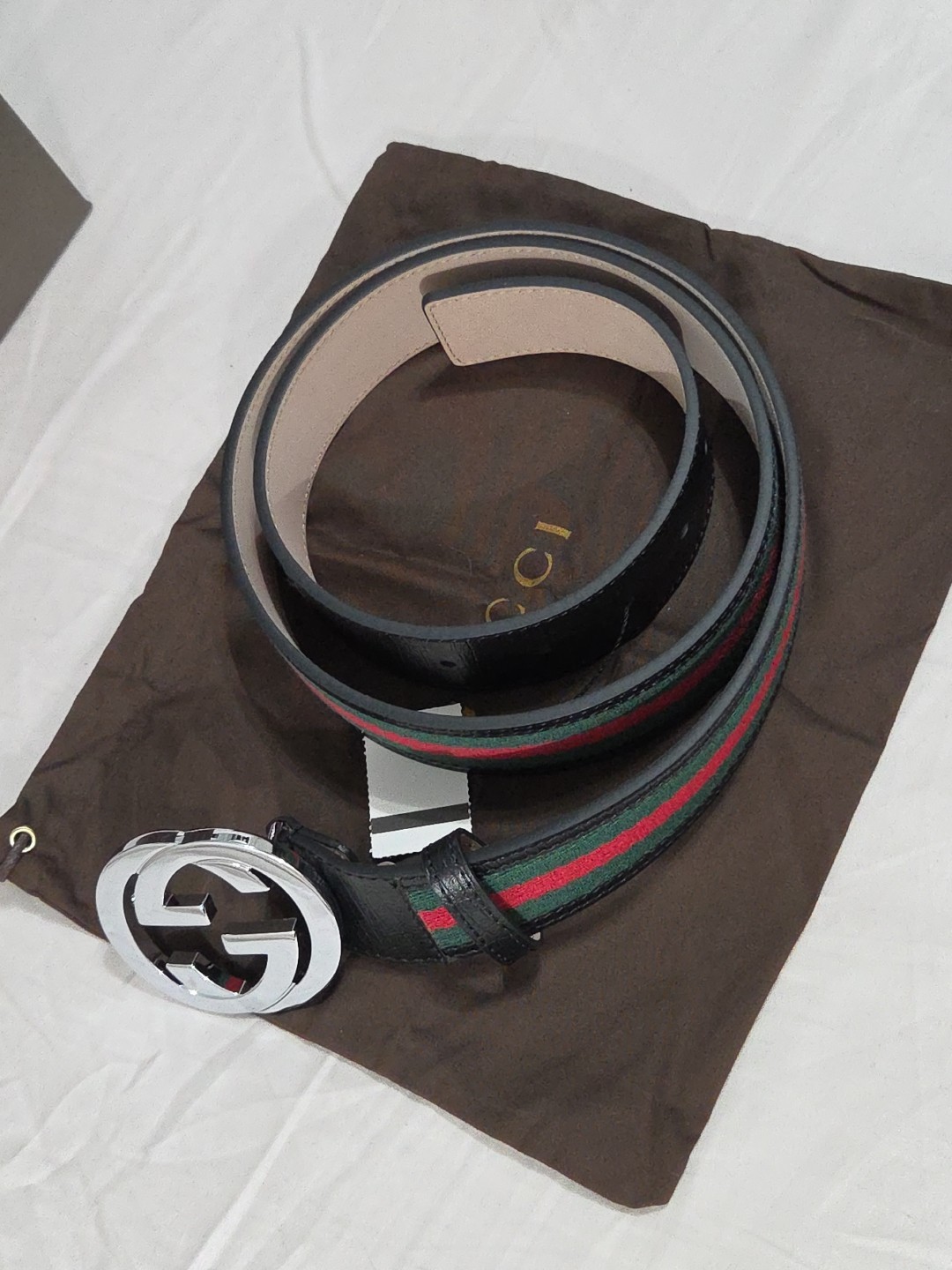 Gucci Black Green Red Striped Belt Size 38-40 IT 110CM Silver Buckle