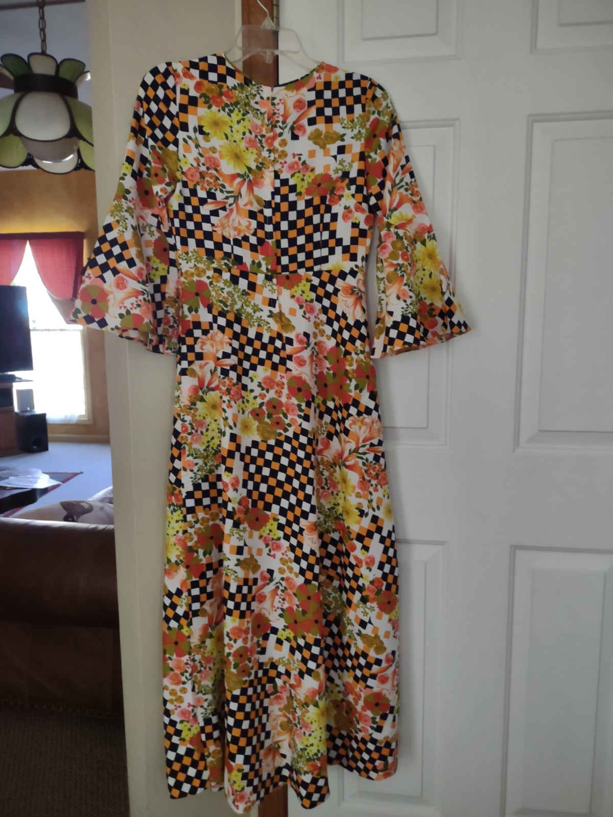 FUNKY FLOWER CHILD MCM ’70S POLYESTER DRESS 3/4 BELL SLEEVES SIZE SMALL HANDMADE