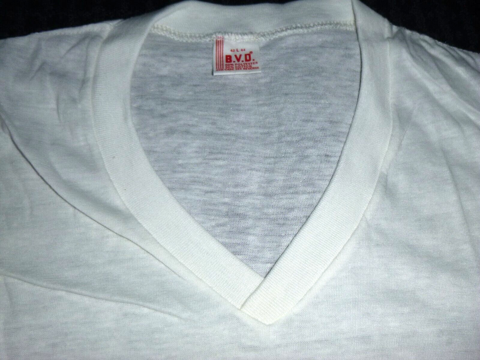 Vtg 70s BVD V-Neck WHITE T-Shirt Undershirt Single Stitch 50/50 Poly Cotton Sz L