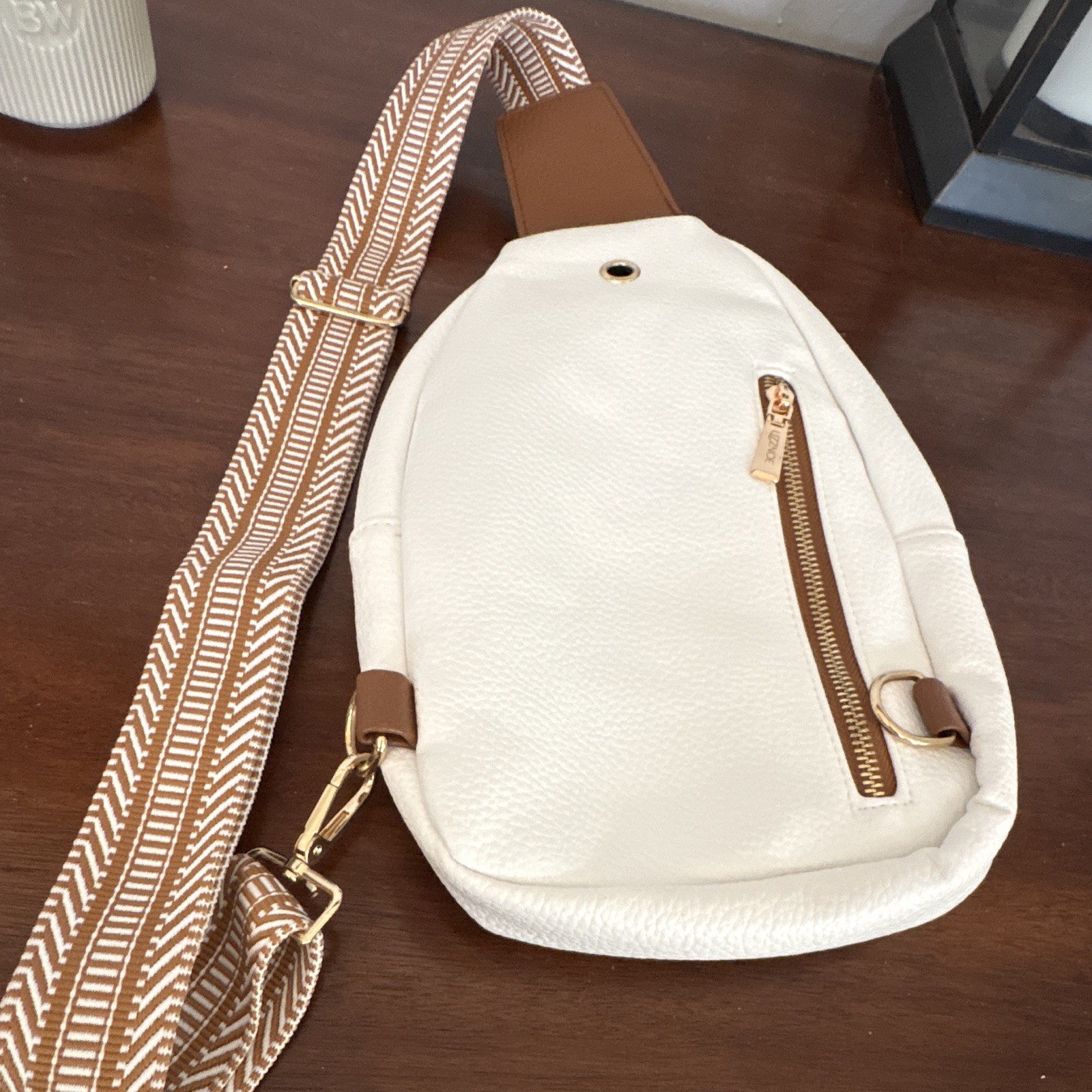 LIZZNOE White Pebbled Sling Crossbody Bag Gold Zip Brown Strap Initial A