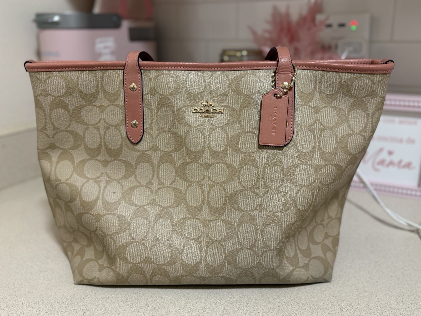 Coach Signature Logo Large Tote Zip Bag Beige/Pink w/ Wristlet Pouch