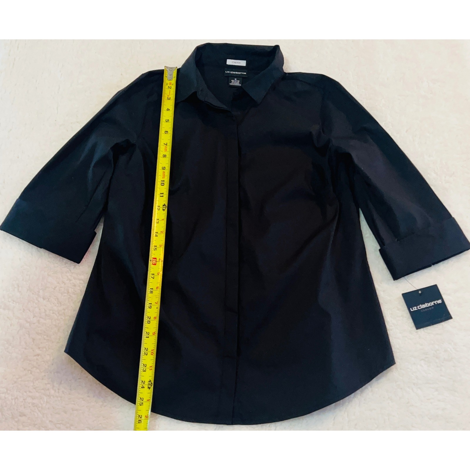 Liz Claiborne Career Black Stretch Button Up Shirt 3/4 Sleeve Hidden Placket M