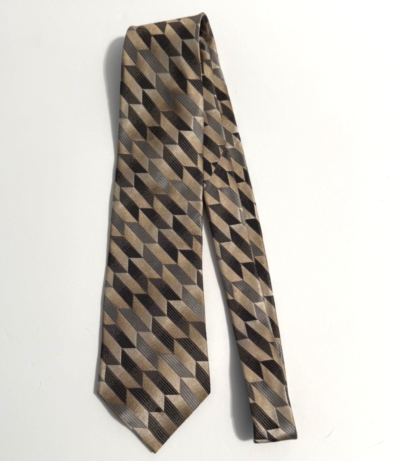 Ferucci Silk Tie Black Silver Tan Geometric Men Necktie 60″ long 3 3/4″ wide