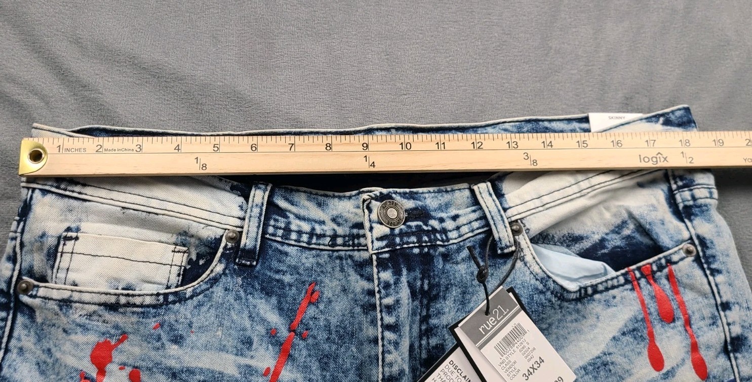 Rue 21 Premium Men’sBlue Design Patch Distressed Jeans Skinny Fit Jean 34×34 NWT