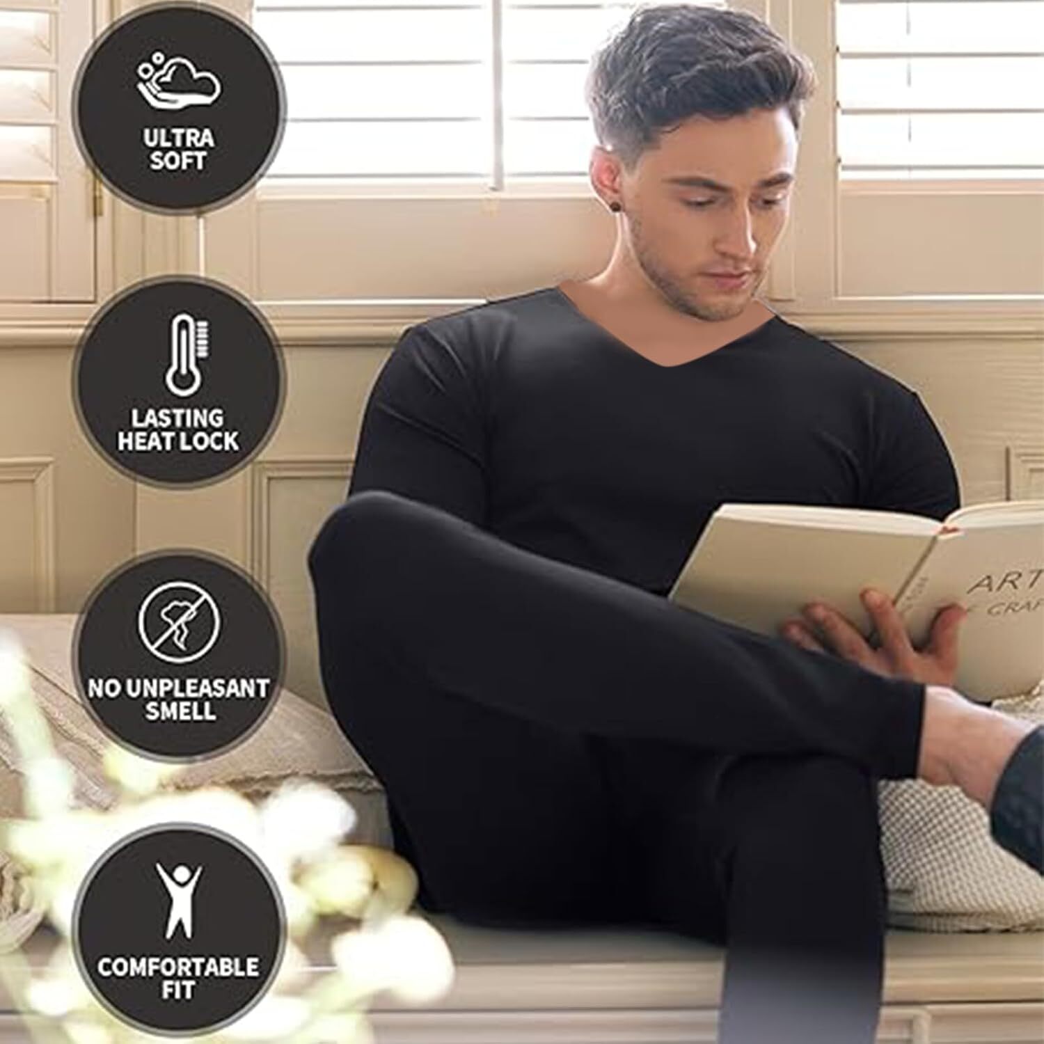 Men Thermal Underwear V Neck Soft Fleece Lined Long Johns Soft Set Top Pants