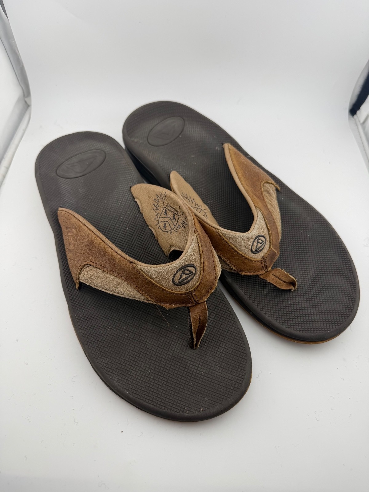 Reef Fanning Flip Flops with Bottle Opener, Brown Leather and Suede, Size 10