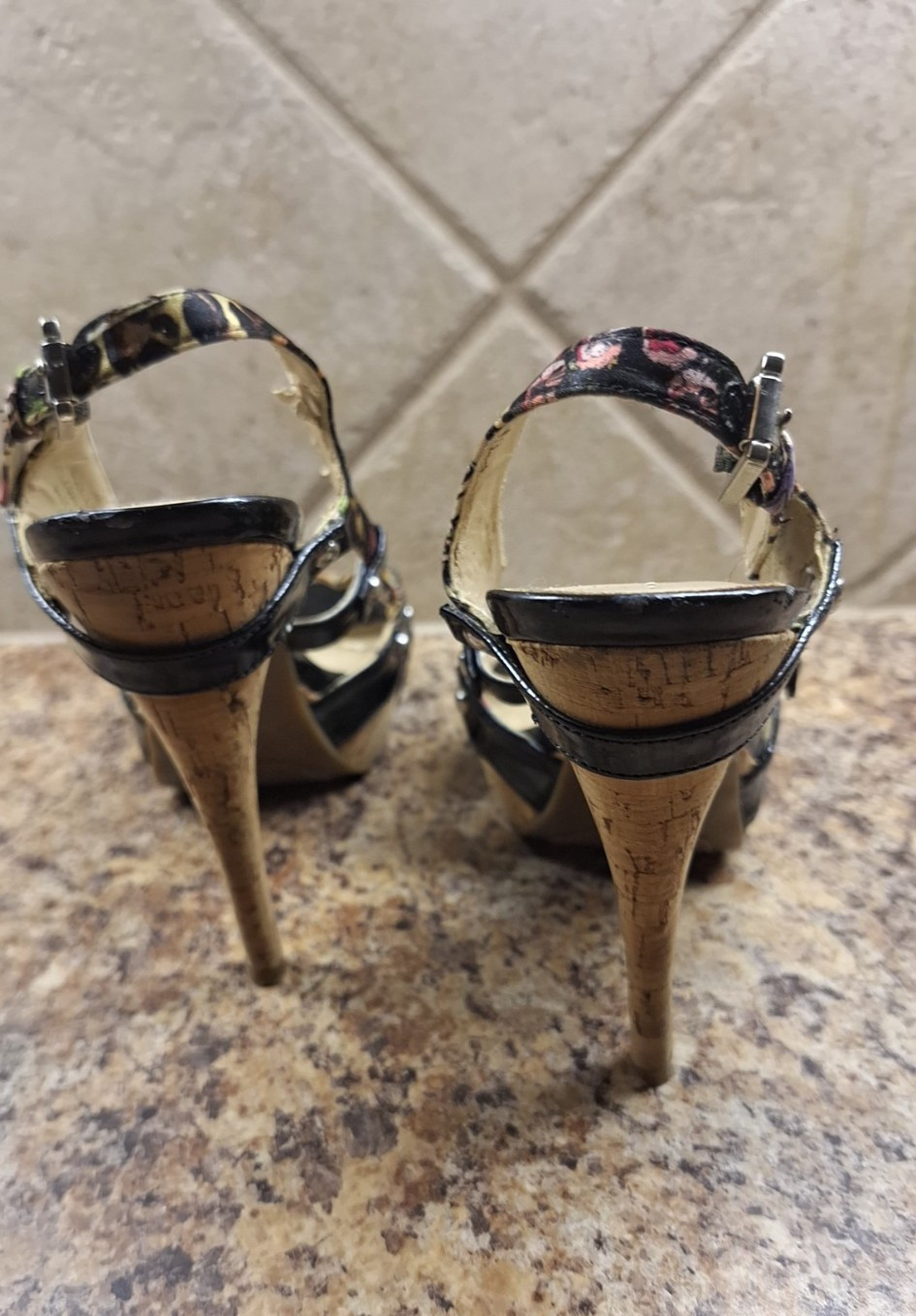 Guess Black Patterned Slingback Cork Stilettos Size 6.5 Gently Worn