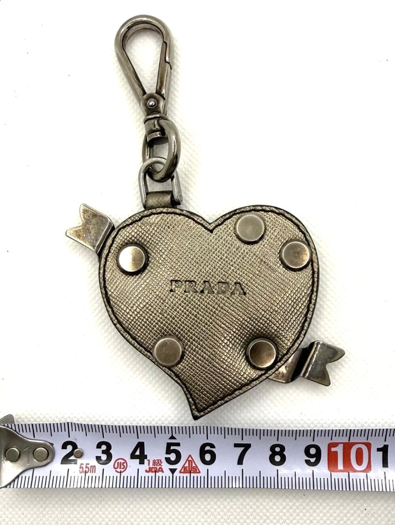 PRADA Heart Charm Key Ring Bag Charm Silver Saffiano Leather Studs 2.8×2.8in.