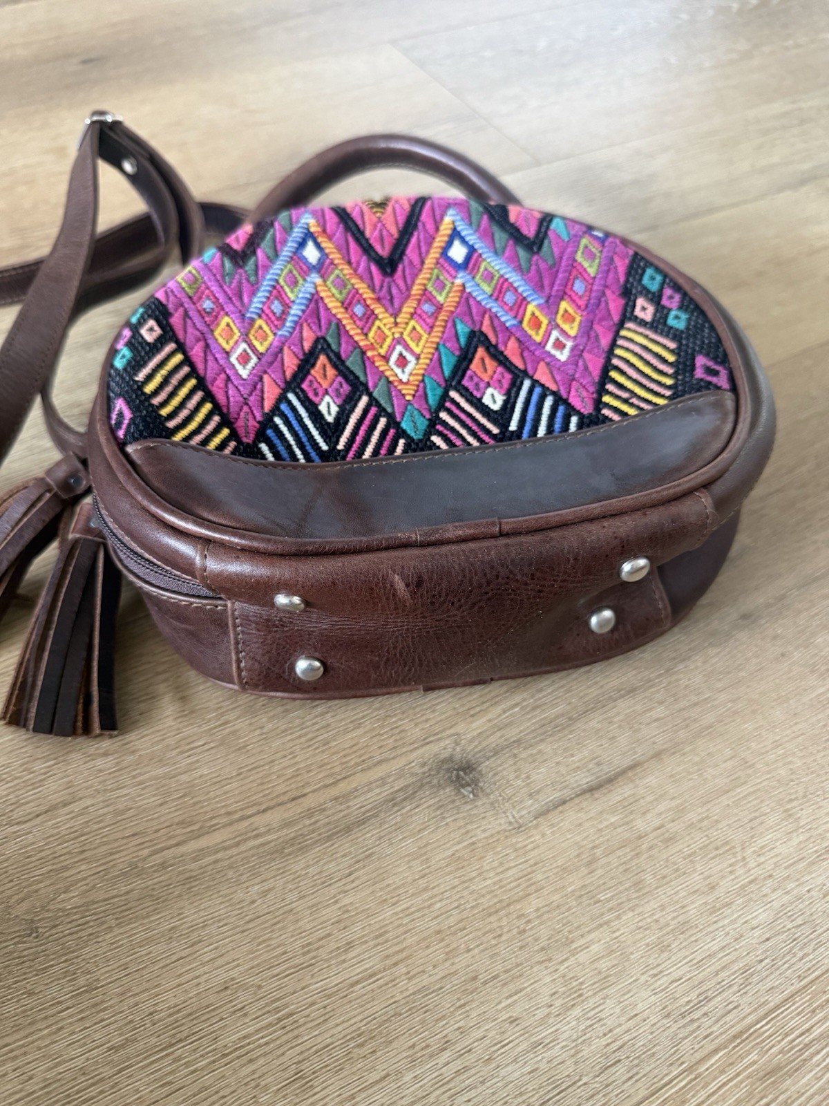 Brown Multicolor Geometric Round Crossbody Bag Zip Top Tassel Detachable Strap