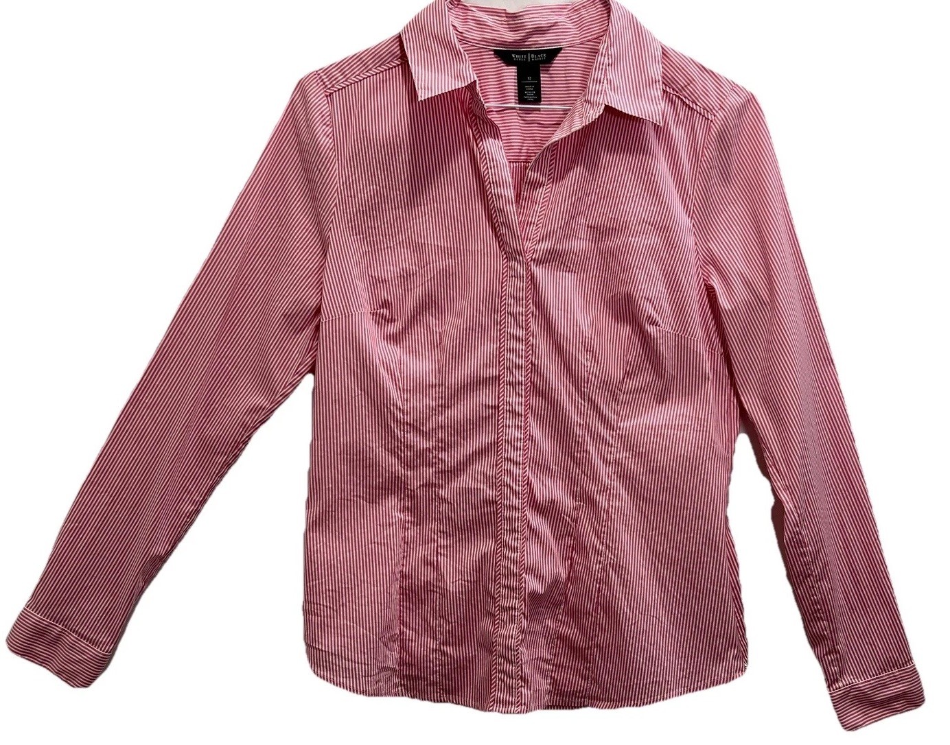 White House Black Market Pinstripe Pink White Blouse Sz 12 Long Sleeve Side Zip