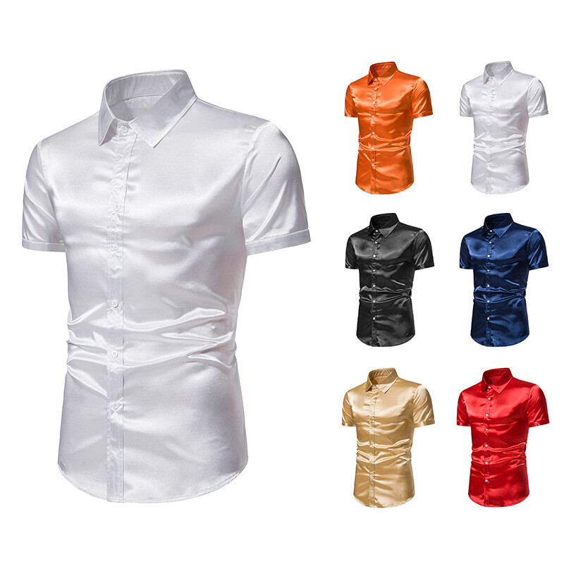 Men Faux Silk Satin Glossy Tops Short Sleeve Shirt Fit Button Stage Costumes Top