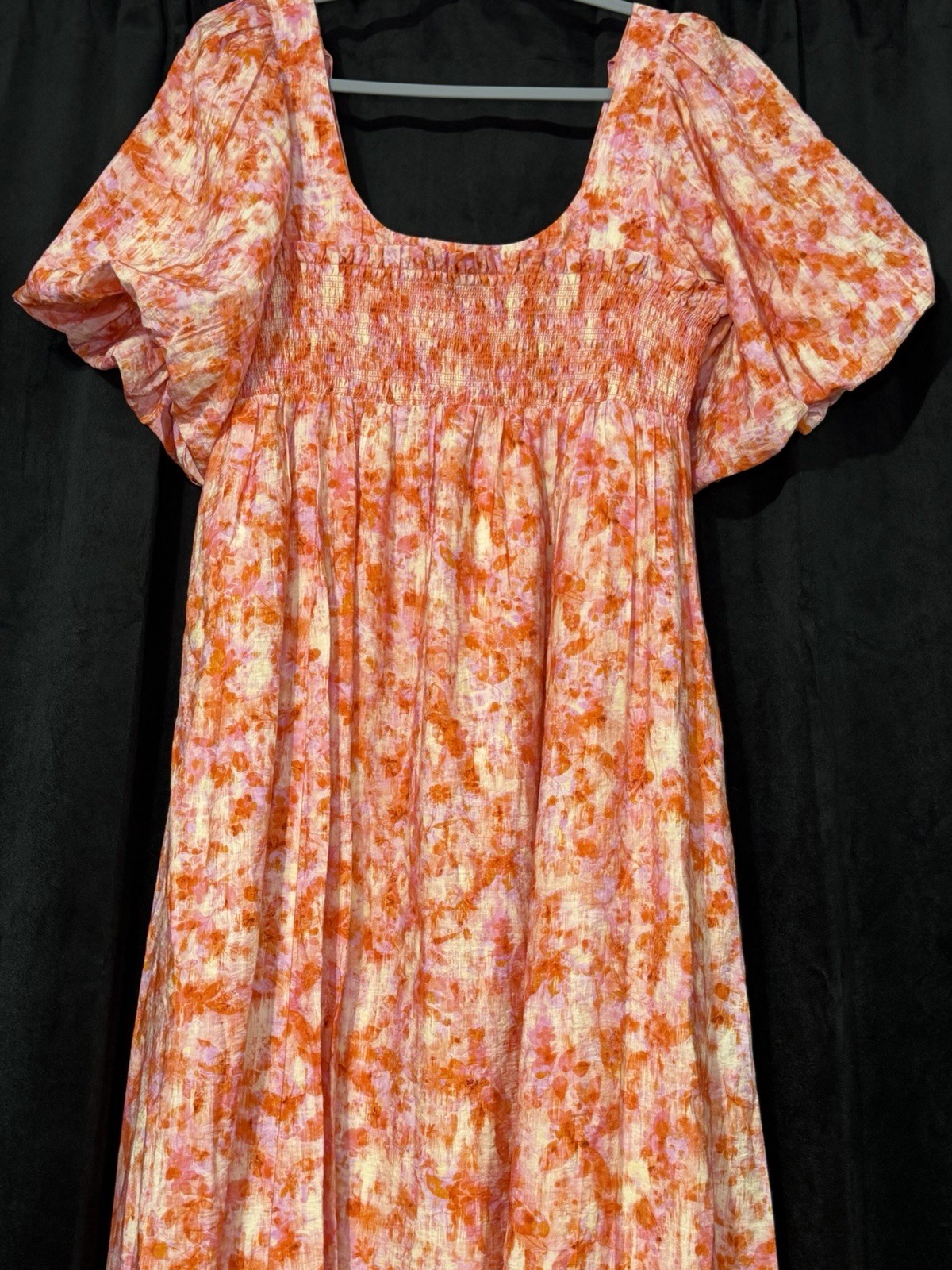 Anthropologie Orange Pink Floral Puff Sleeve Midi Dress Women’s Medium NWOT