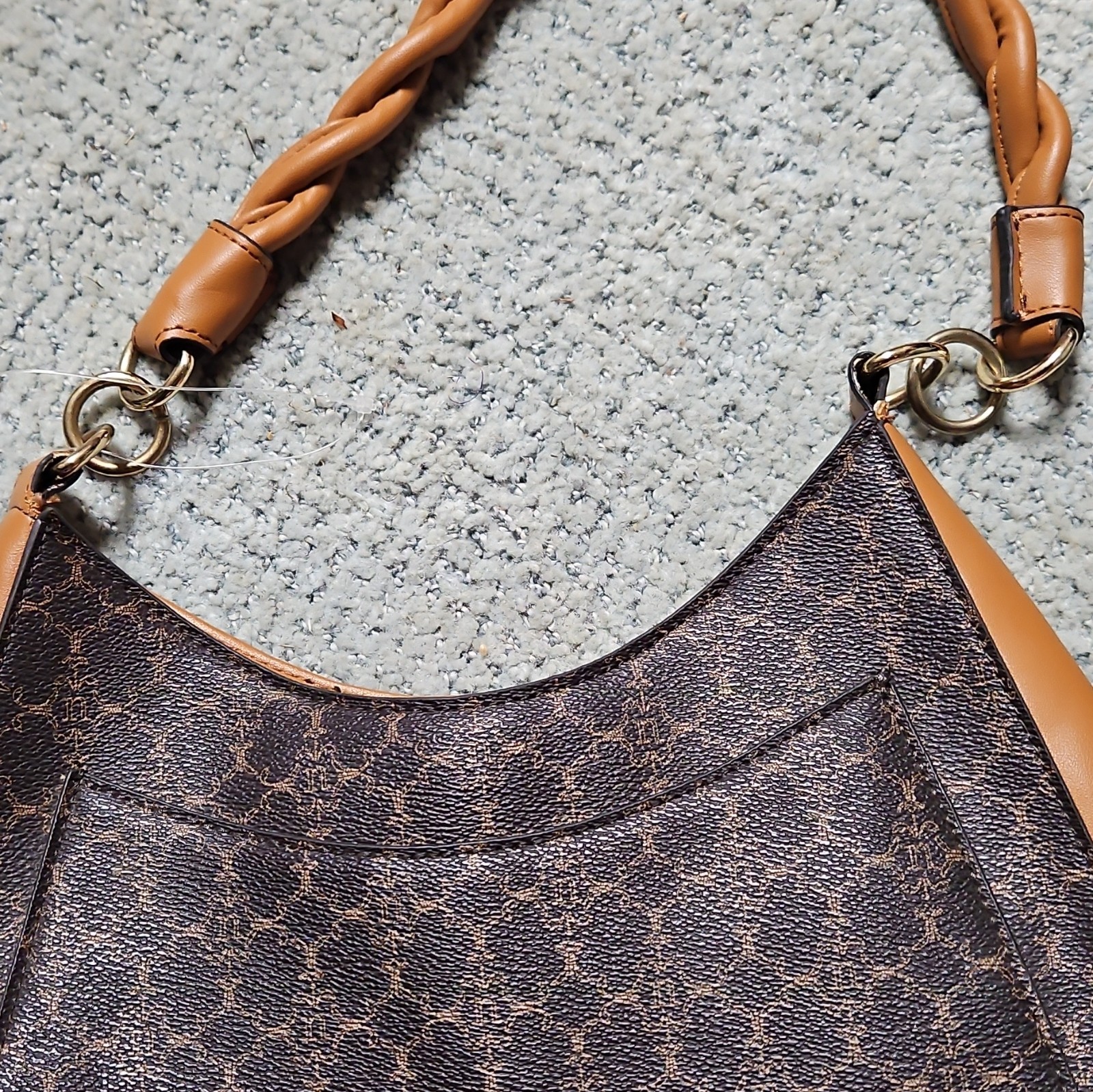 Nanette Lepore Brown Logo Crescent Shoulder Bag Braided Strap Zip Closure