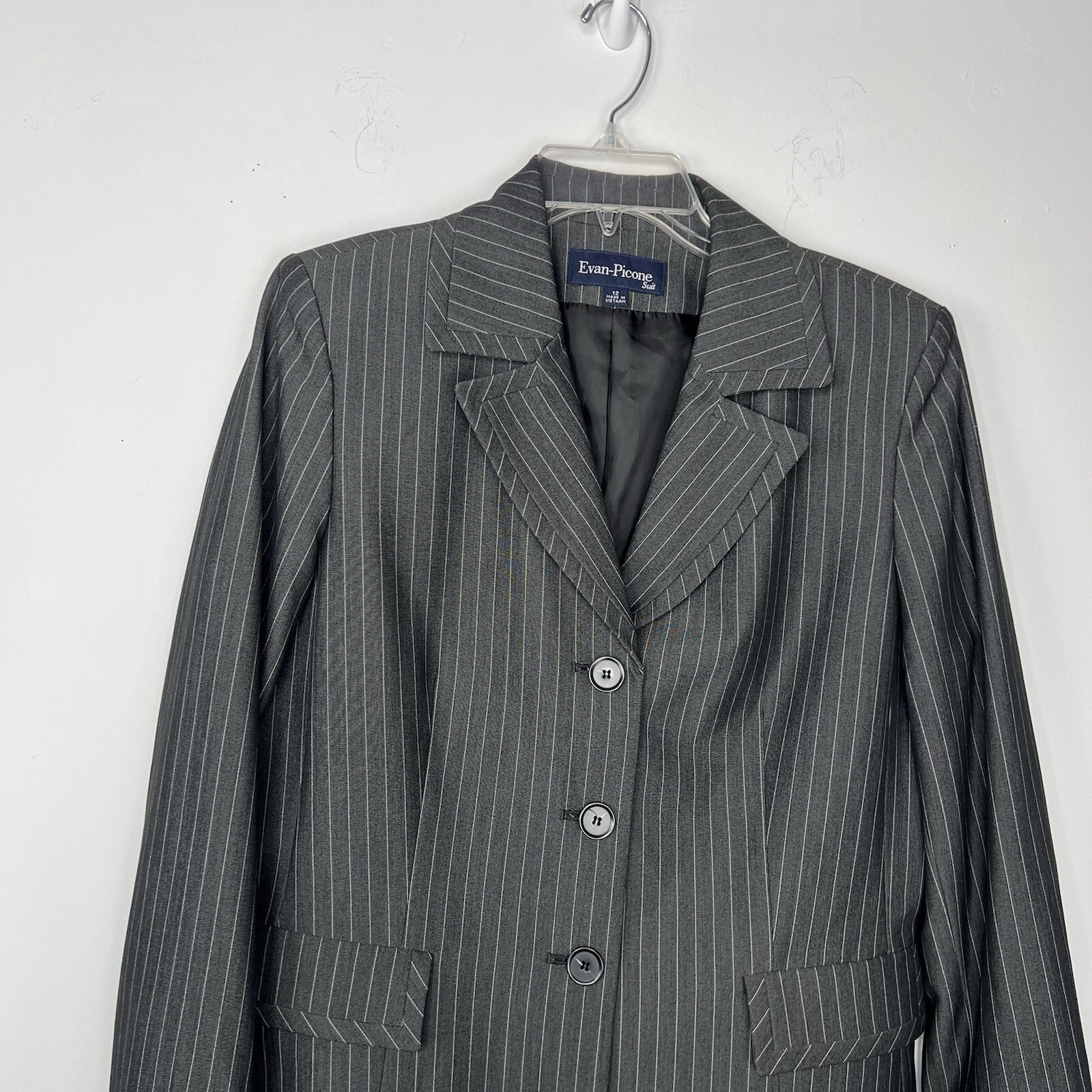Evan Picone Polyester Rayon Stretch Skirt Suit 12 Charcoal Striped Business 2PC