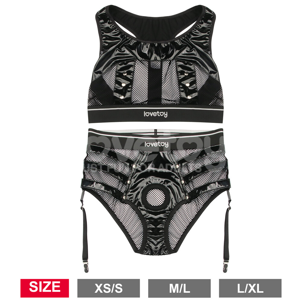 Reign Leather & Mesh Harness Set Body Bra & Panty Garter Belt Harness Lingerie