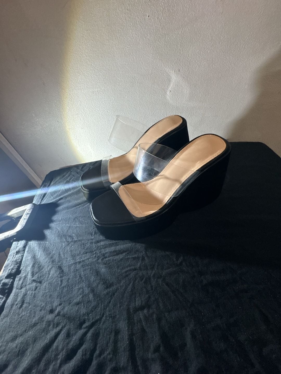 SHEIN Black Clear Double Strap Platform Wedge Sandals