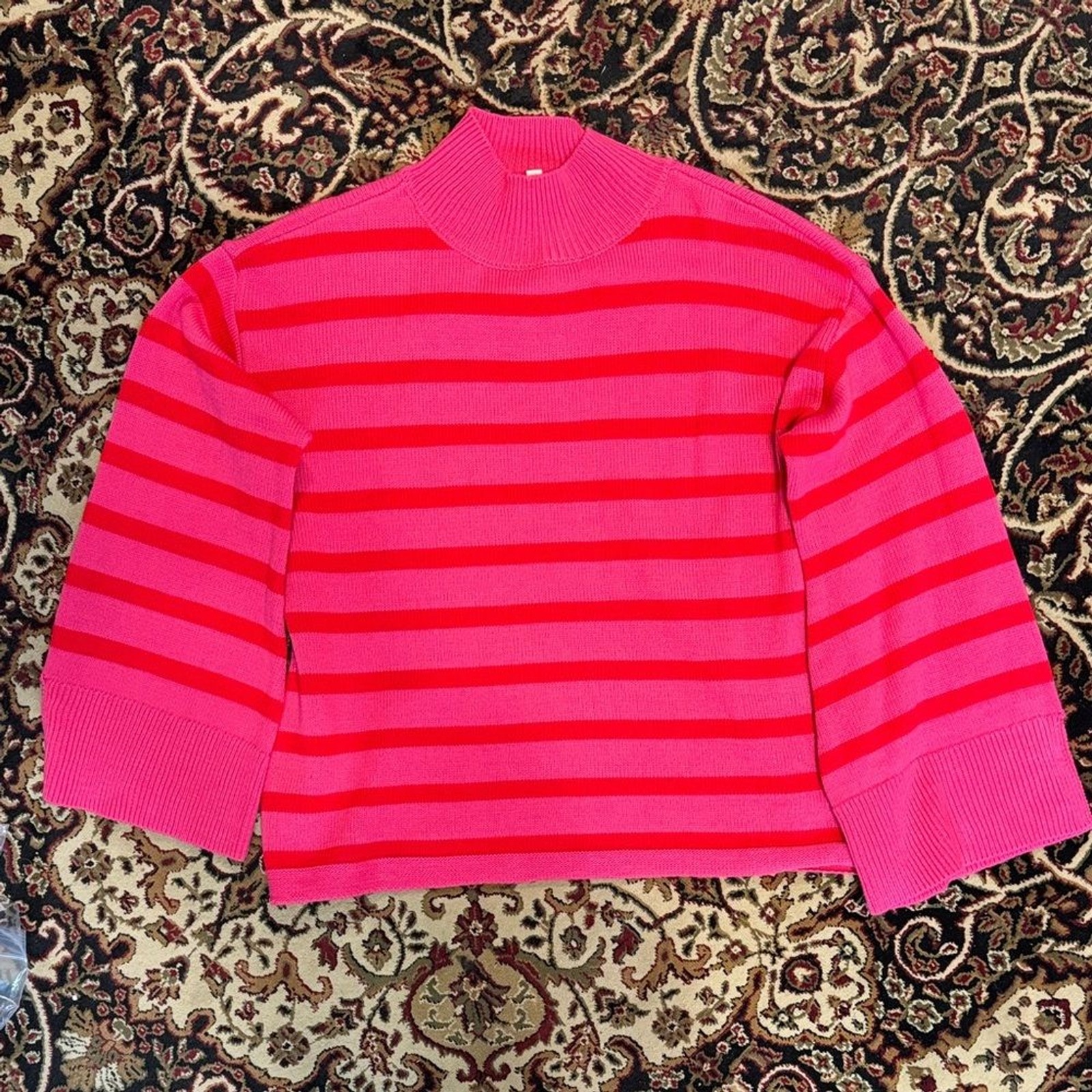 Sugarlips Striped Pink, red mock turtle neck with flare bell sleeves medium