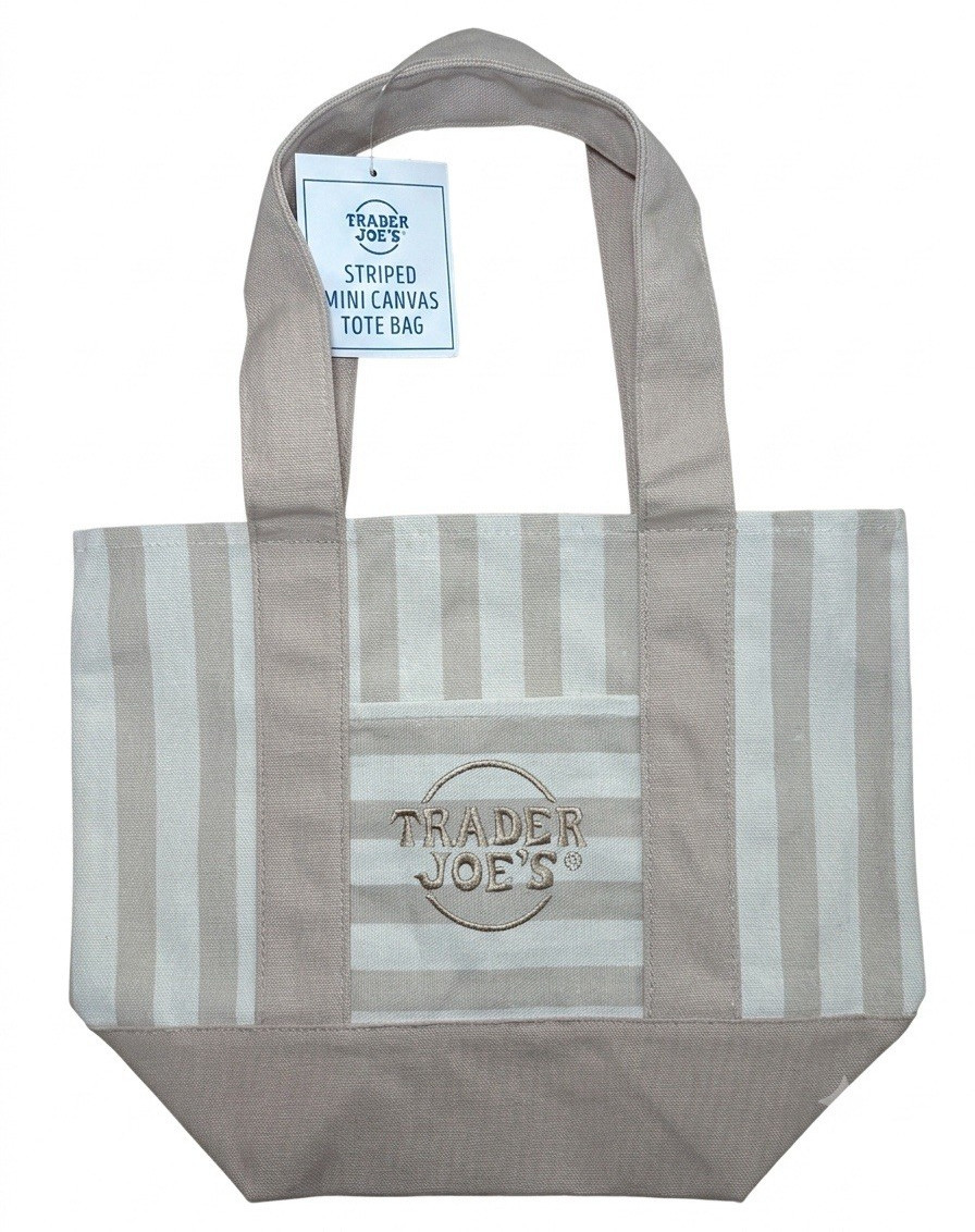 Trader Joe’s Striped Mini Tote Bag Beige/White Embroidered Hang Tag Double