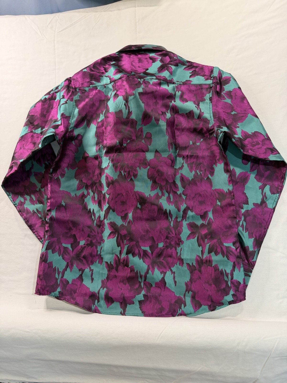 Barry Wang Men’s Teal Purple Dress Shirt Shiny Floral Button Up Small NWOT C68
