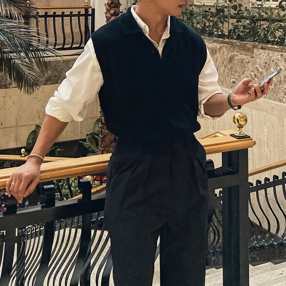 Men Sleeveless Sweater Vest Knitted Pullover with Lapel for Casual