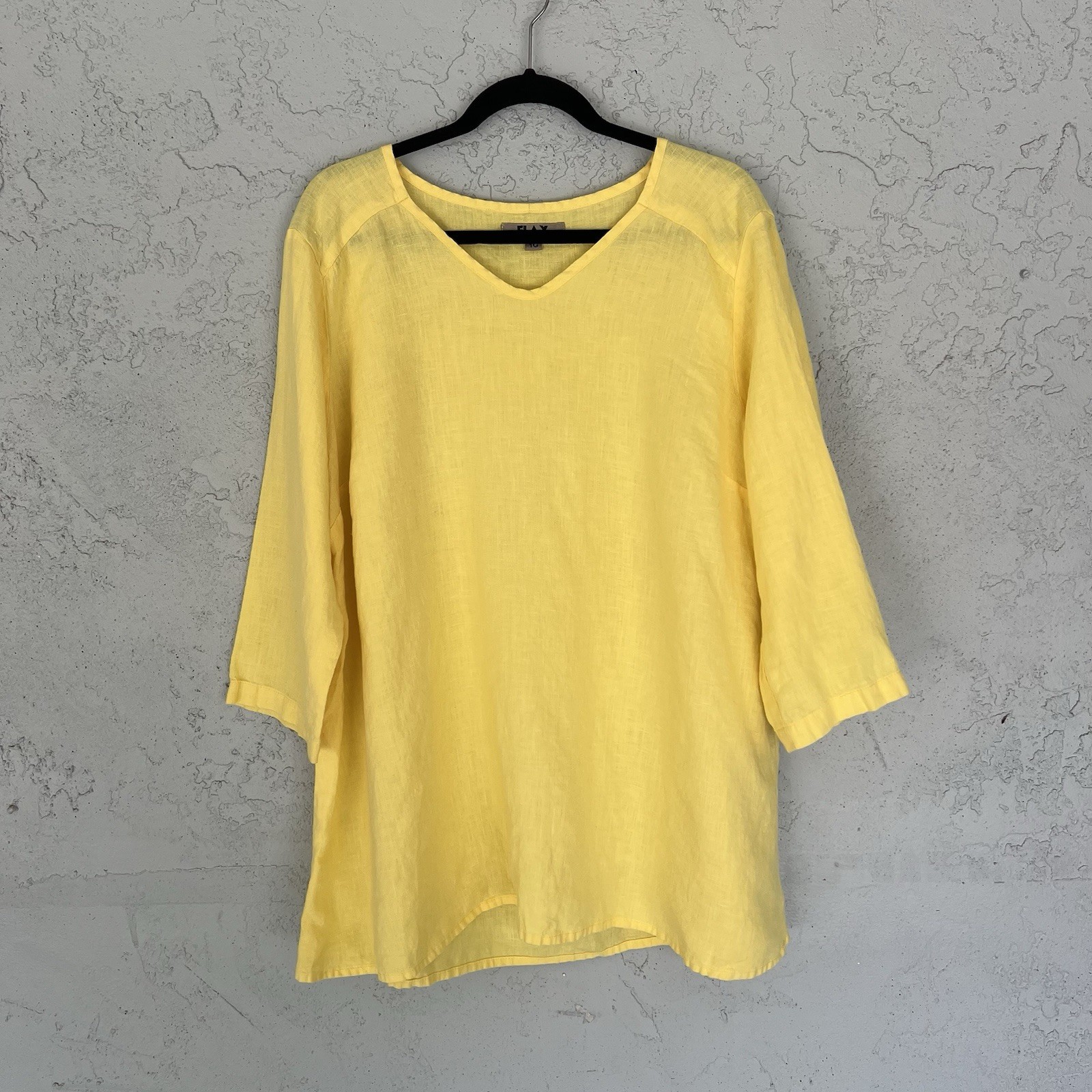 Flax Linen Yellow V-Neck Top Size 1G 2X Lagenlook Coastal Lightweight Relaxed