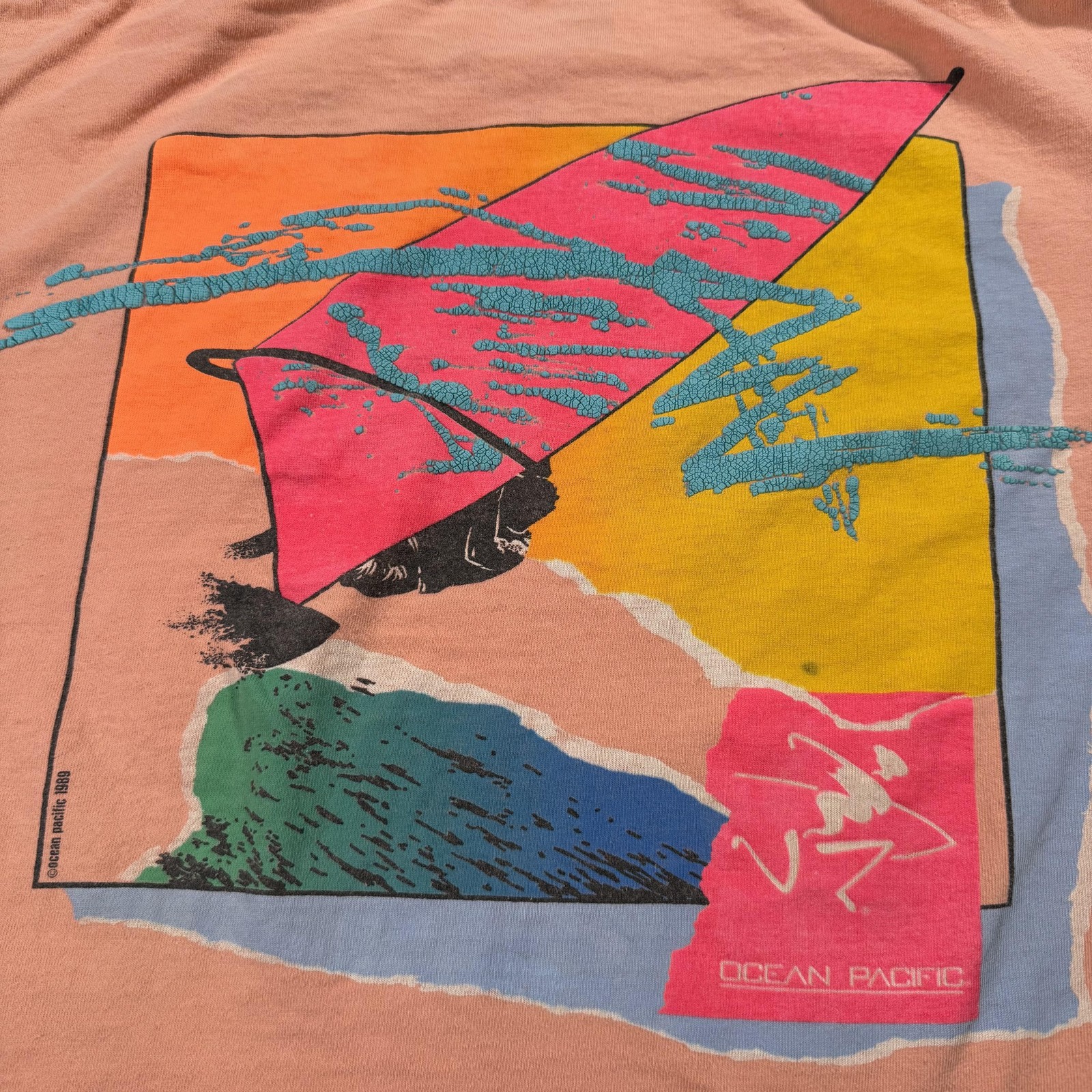 Vintage Ocean Pacific Shirt Mens Large Pink Windsurf Surf Graphic 80s 1989 USA